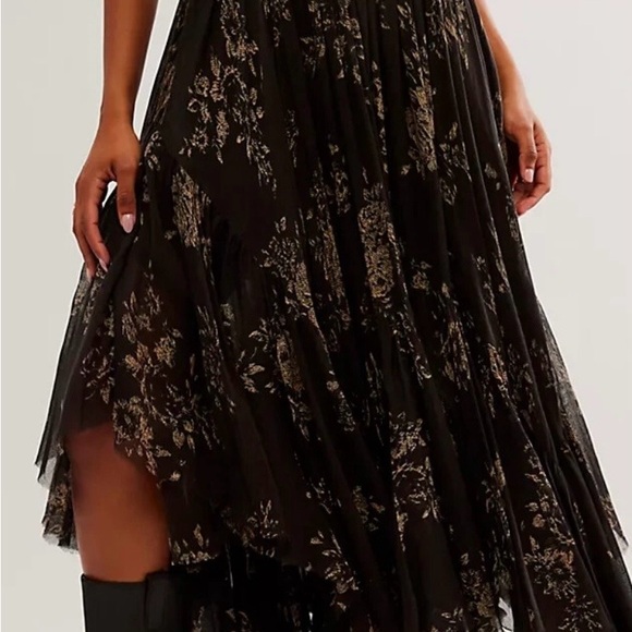 Free People Dresses & Skirts - Free People Black Asymmetrical Floral Midi Skirt